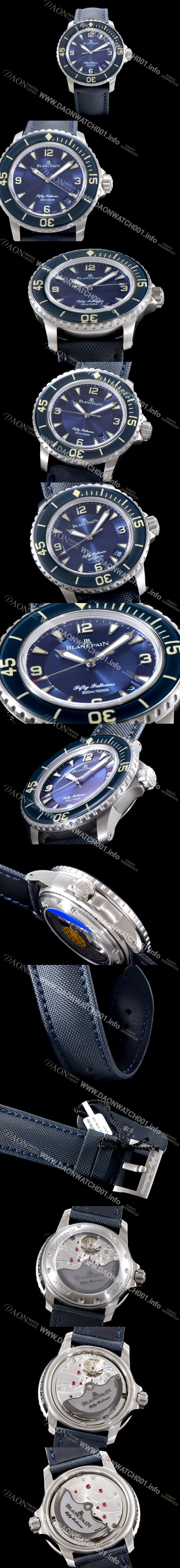 레플리카 [블랑팡] 남성용 피프티 패덤스 5015-12B40-O52A 아이코닉 다이버 워치 블루 다이얼 스위스 ETA 2836-2오토매틱 무브먼트 BLA4211