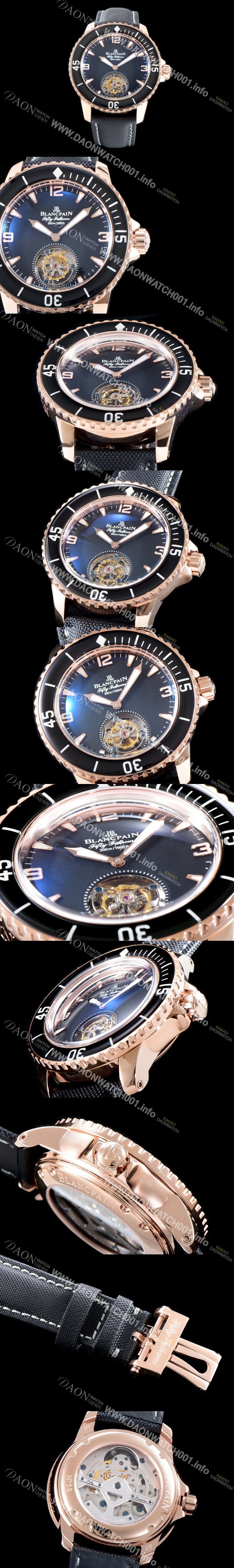 레플리카 [블랑팡] 남성용 피프티 패던스 스켈레톤 뚜르비용!! 고급스러운 18k로즈골드 케이스 블랙&스켈레톤 다이얼 아시안 투어빌론 탑재 무브먼 BLA4250