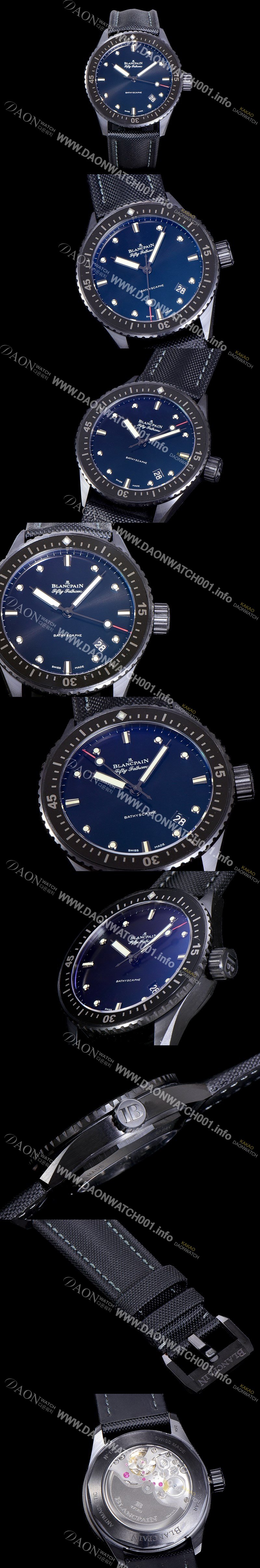 레플리카 [블랑팡] 남성용 하이퀄리티 피프티 패덤스 오토매틱 칼리버 1315타입 43.6미리 미리바티스카프 리얼 세라믹 UP!! 다이버 워치 블랙 다이얼 BLA77847