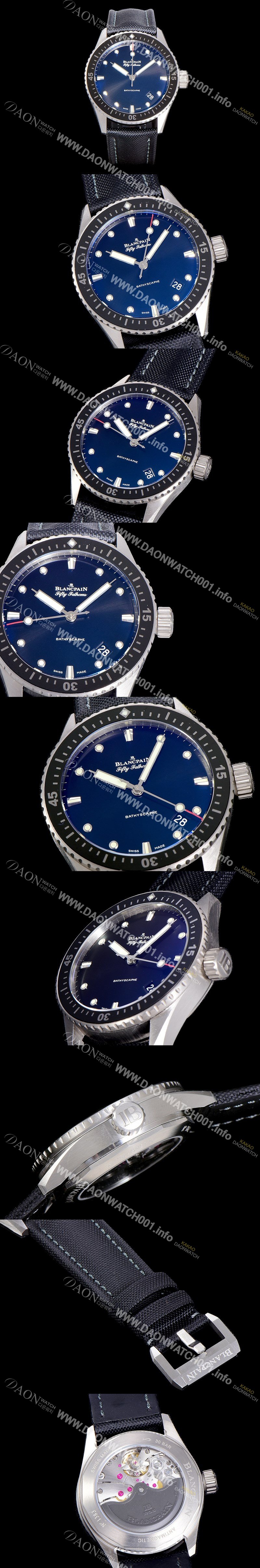 레플리카 [블랑팡] 남성용 하이퀄리티 피프티 패덤스 오토매틱 칼리버 1315타입 43.6미리 미리바티스카프 리얼 세라믹 베젤 UP!! 다이버 워치 블랙다이얼 BLA77874