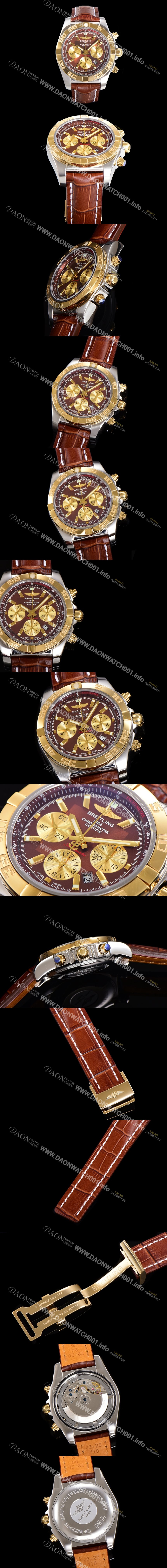 레플리카 [브라이틀링] 남성용 원드라이더 크로노맷 오토매틱 ETA-7750 기계식 44mm 18K 옐루골드 가죽줄 브라운다이얼 bre5391