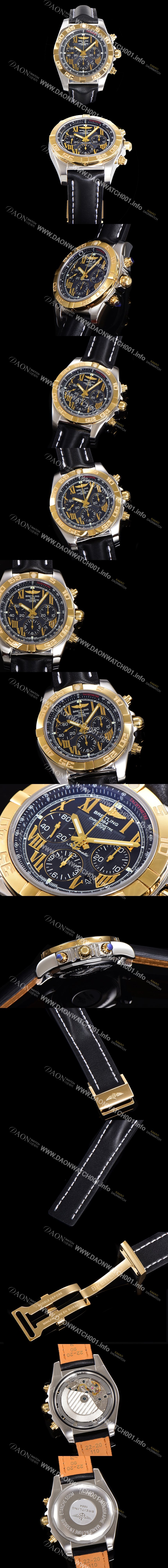 레플리카 [브라이틀링] 남성용 원드라이더 크로노맷 오토매틱 ETA-7750 기계식 44mm 18K 옐루골드 가죽줄 블랙다이얼 bre1951