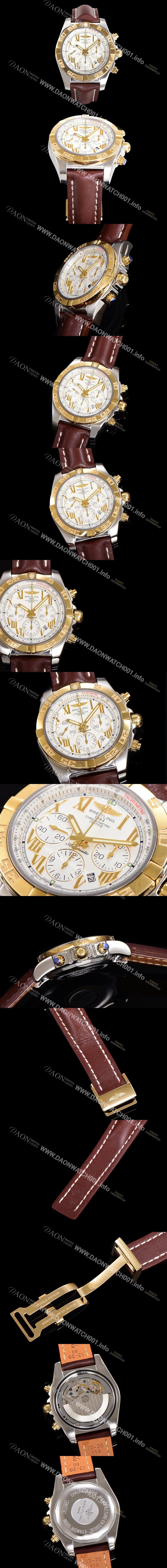 레플리카 [브라이틀링] 남성용 원드라이더 크로노맷 오토매틱 ETA-7750 기계식 44mm 18K 옐루골드 가죽줄 화이트다이얼 bre9152