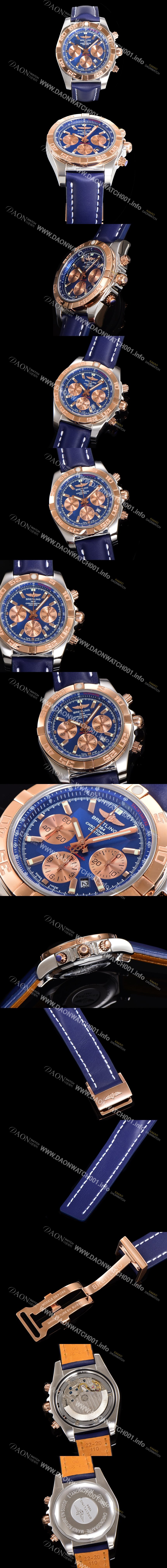 레플리카 [브라이틀링] 남성용 원드라이더 크로노맷 오토매틱 ETA-7750 기계식 44mm 18K 로즈골드 가죽줄 블루다이얼 bre1531