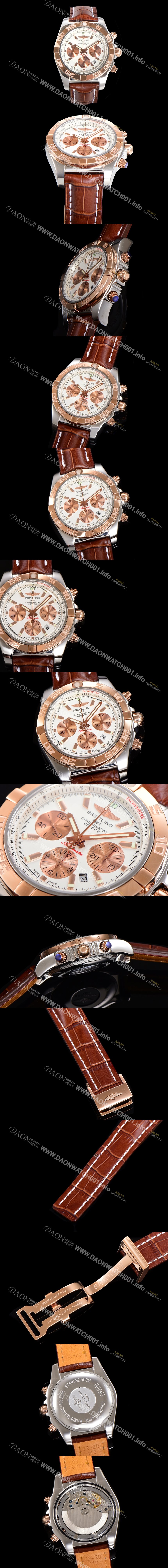 레플리카 [브라이틀링] 남성용 원드라이더 크로노맷 오토매틱 ETA-7750 기계식 44mm 18K 로즈골드 가죽줄 화이트다이얼 bre3911