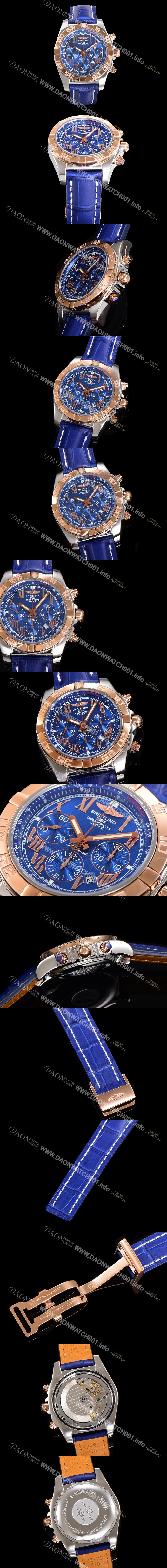 레플리카 [브라이틀링] 남성용 원드라이더 크로노맷 오토매틱 ETA-7750 기계식 44mm 18K 로즈골드 가죽줄 블루다이얼 bre1915