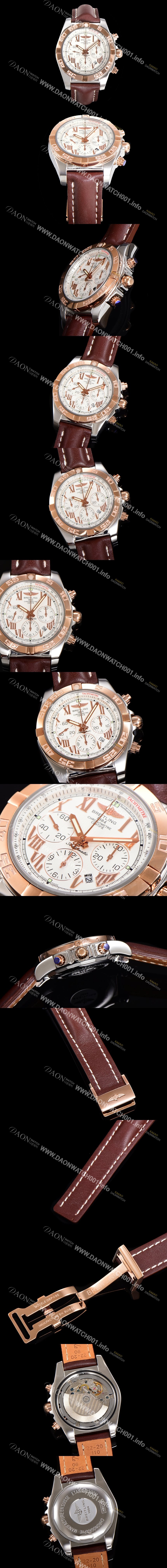 레플리카 [브라이틀링] 남성용 원드라이더 크로노맷 오토매틱 ETA-7750 기계식 44mm 18K 로즈골드 가죽줄 화이트다이얼 bre9911