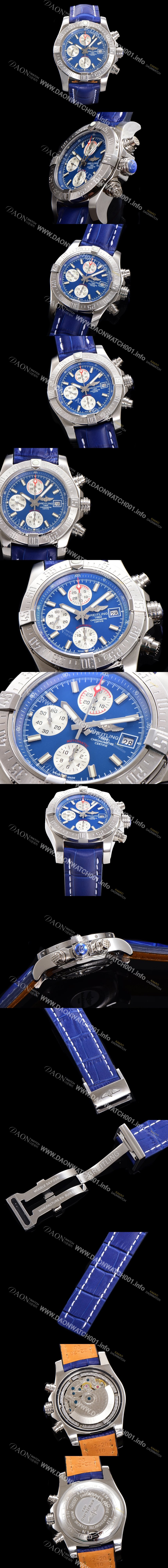 레플리카 [브라이틀링] 남성용 어벤져 크로노그래프 ETA 7750-2 타입 45mm 가죽줄 블루다이얼 bre6448