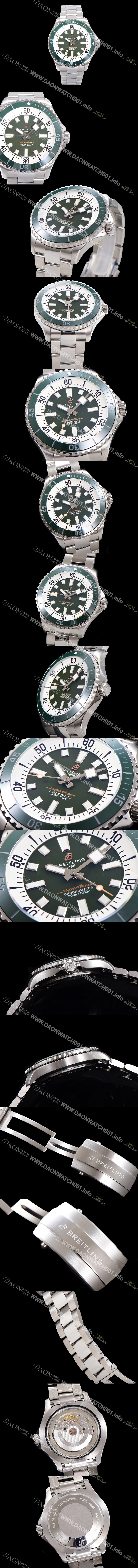 레플리카 [브라이틀링 뉴 다이버워치] 남성용 슈퍼오션 44mm 오토매틱 ETA2824-2 타입 크로노미터 메탈줄 세라믹베젤 그린다이얼 bre4482