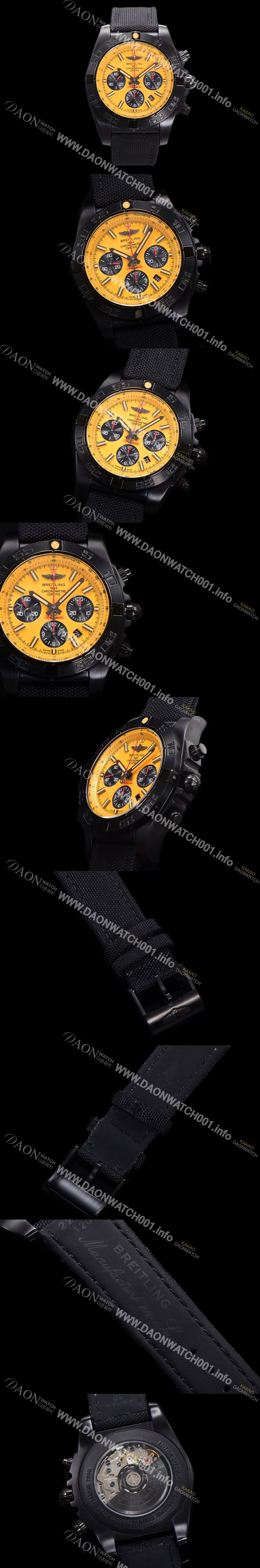 레플리카 [브라이틀링] 남성용 크로노맷 DLC 블랙스틸 오토매틱 ETA 7750-2 타입 44mm 나토천/가죽믹스 옐루다이얼  bre9028