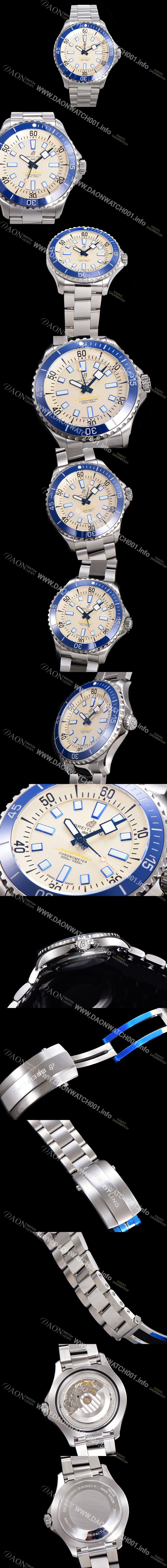 레플리카 [브라이틀링 뉴 다이버워치] 남성용 슈퍼오션 44mm 오토매틱 ETA2824-2 타입 크로노미터 메탈줄 세라믹베젤 아이보리 다이얼  bre44927