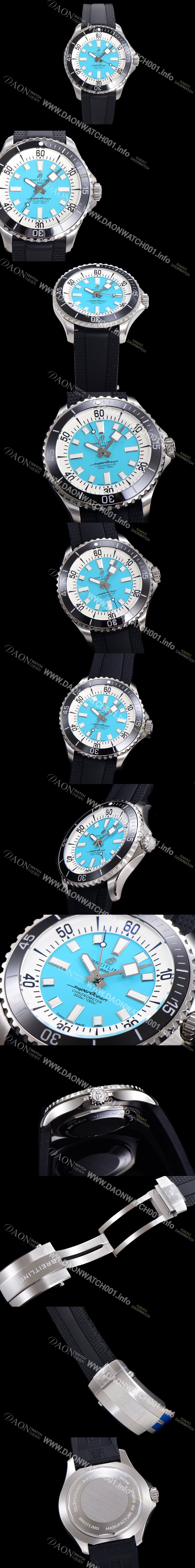 레플리카 [브라이틀링 뉴 다이버워치] 남성용 슈퍼오션 44mm 오토매틱 ETA2824-2 타입 크로노미터 우레탄줄 세라믹베젤 스카이블루다이얼  bre97087