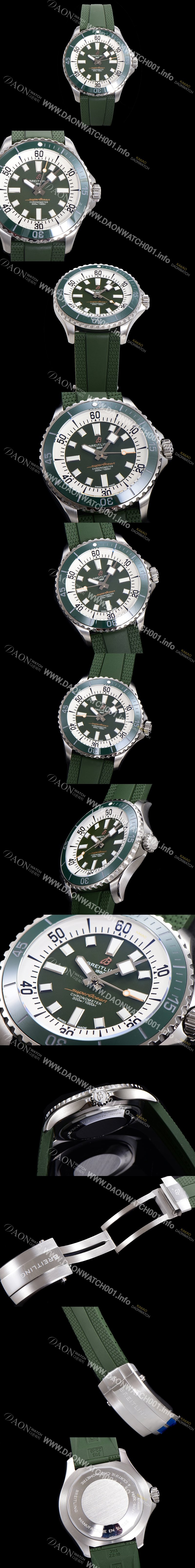 레플리카 [브라이틀링 뉴 다이버워치] 남성용 슈퍼오션 44mm 오토매틱 ETA2824-2 타입 크로노미터 우레탄줄 세라믹베젤 그린다이얼 bre80774