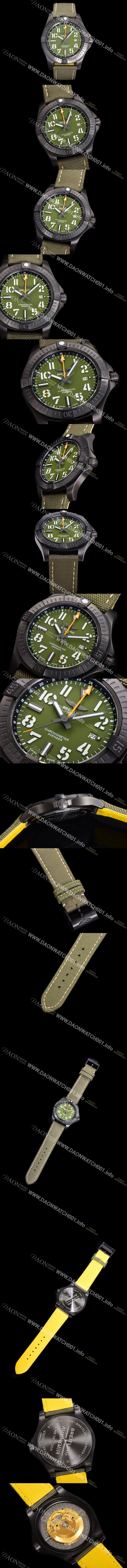 레플리카 [브라이틀링] 남성용 어벤져 나이트 미션 밀리터리 한정판 오토매틱 ETA2836-2 타입 GMT 45mm  DLC코팅 무광 올블랙 나토천/가죽 믹스 카키다이얼 bre82074