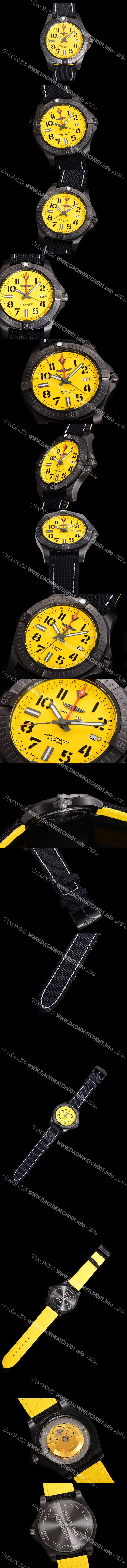 레플리카 [브라이틀링] 남성용 어벤져 나이트 미션 밀리터리 한정판 오토매틱 ETA2836-2 타입 GMT  45mm  DLC코팅 무광 올블랙 나토천/가죽 믹스 옐루다이얼 bre74988