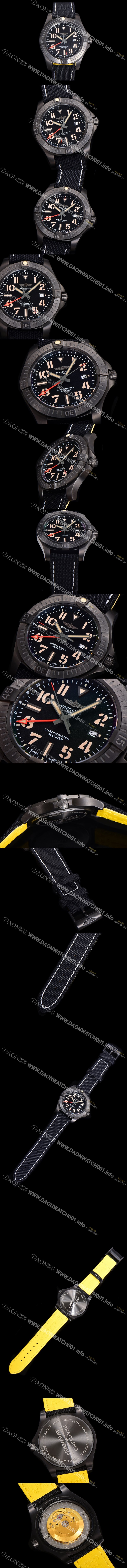 레플리카 [브라이틀링] 남성용 어벤져 나이트 미션 밀리터리 한정판 오토매틱 ETA2836-2 타입 GMT 45mm  DLC코팅 무광 올블랙 나토천/가죽 믹스 블랙다이얼  bre40298