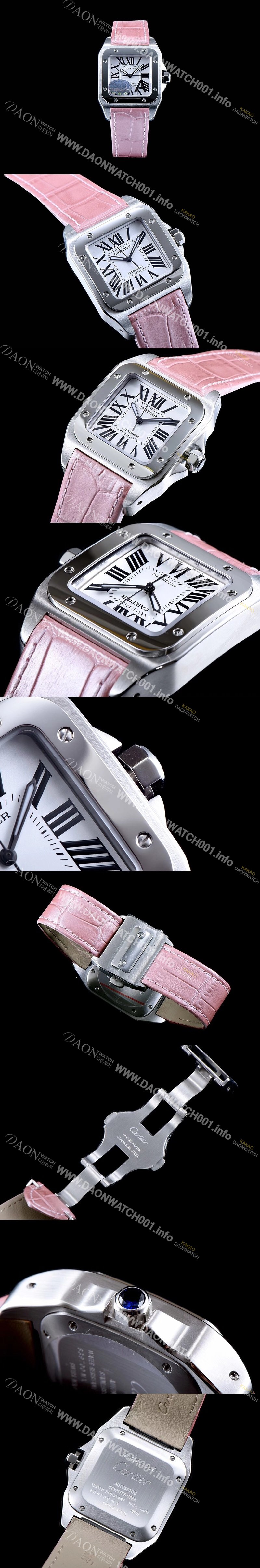 레플리카 [까르띠에] 남여공용 산토스100 W20126X8 커플용 워치 화이트 다이얼 핑크 레더 스트랩 오토매틱 무브먼트 CAR0333