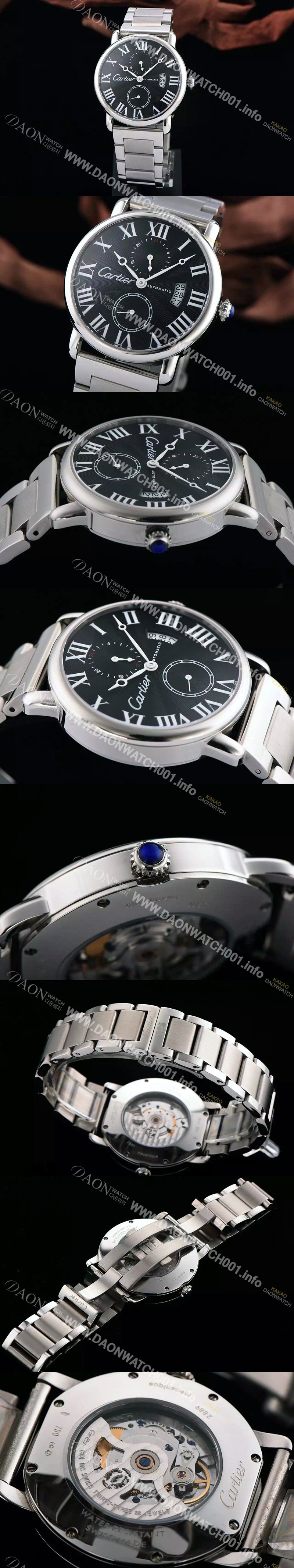 레플리카 [까르띠에] 남성용 롱드더 까르띠에 서브 세컨즈 물결무늬 블랙 다이얼 화이트 로마 인덱스 스위스 ETA 2824-A2오토매틱 무브먼 CAR0330