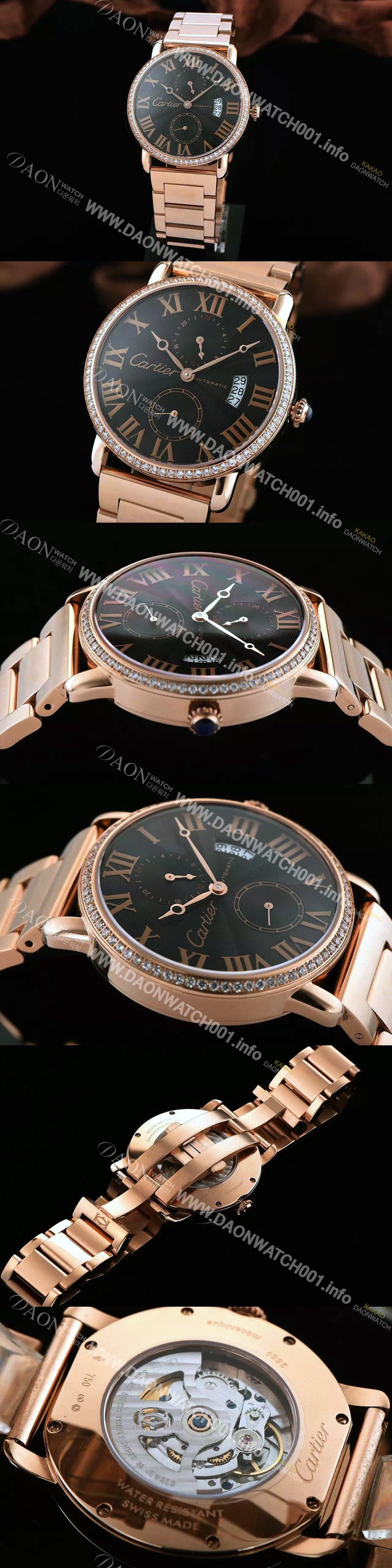 레플리카 [까르띠에] 남성용 롱드더 까르띠에 서브 세컨즈 18k 로즈골드 쥬얼 다이아몬드 베젤 물결무늬 블랙 다이얼 골드 로마 인덱스 스위스 ETA 2824-A2오토매틱 무브먼 CAR0300