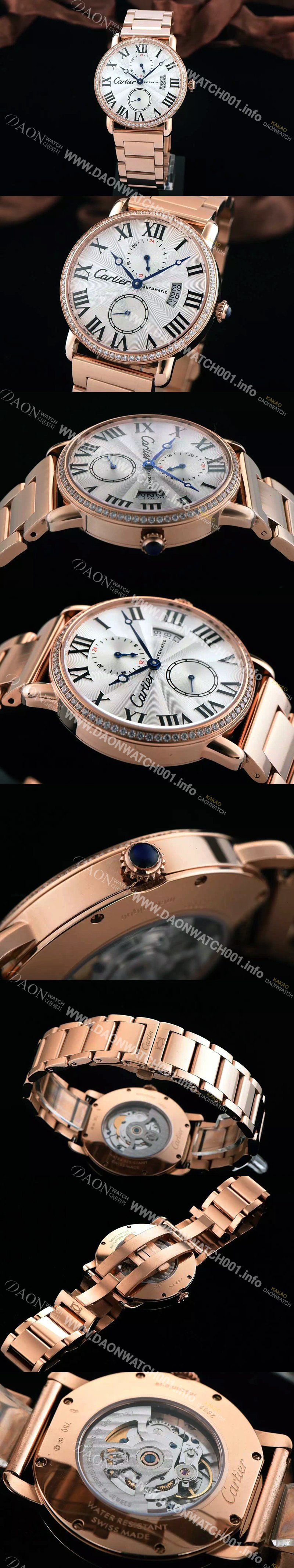 레플리카 [까르띠에] 남성용 롱드더 까르띠에 서브 세컨즈 18k 로즈골드 쥬얼 다이아몬드 베젤 물결무늬 화이트 다이얼 블랙 로마 인덱스 스위스 ETA 2824-A2오토매틱 무브먼 CAR0301