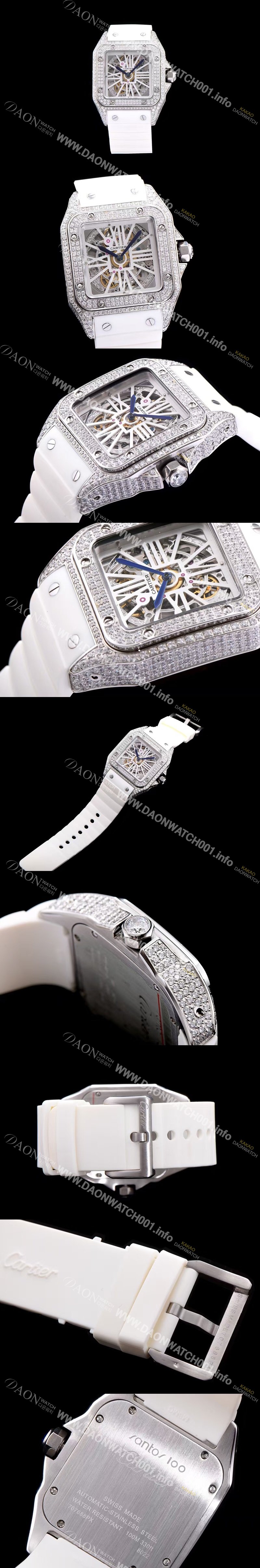 레플리카 [까르띠에] 남성용 신상출시!!산토스 뒤몽 컬렉션 18k 화이트 골드 다이아몬드 셋팅 스켈레톤 다이얼 오토매틱 무브먼트 CAR0110