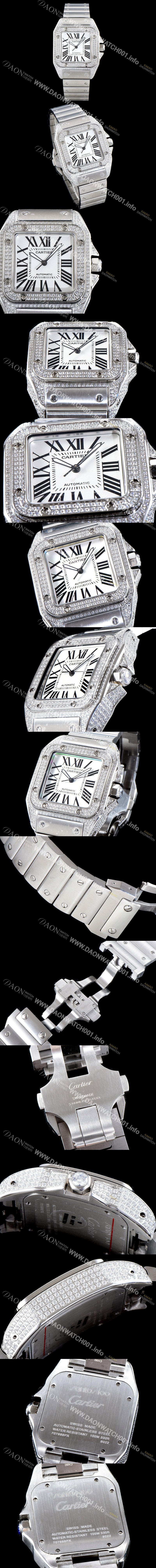 레플리카 [까르띠에] 남성용 산토스 100 베스트 에디션 W20073X8 미듐 모델 화이트 골드-다이아몬드 실버 마감 오팔린 다이얼 오토매틱 무브먼트 CAR4011