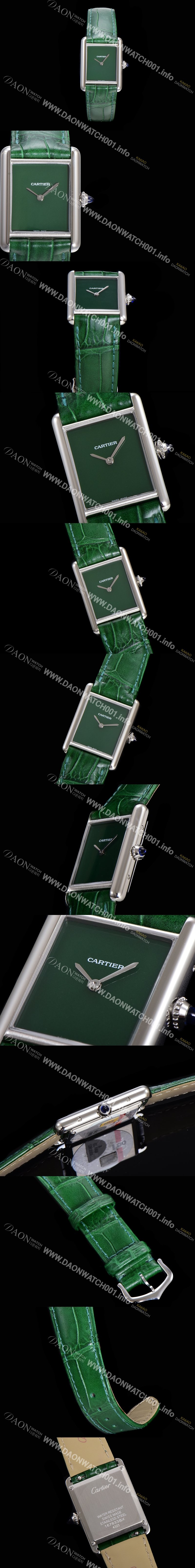 레플리카 [까르띠에] 여성용 탱크 머스트 WSTA0054 로마 인덱스 33.7mm 그린 다이얼 악어가죽줄 쿼츠 무브먼트 CAR00575