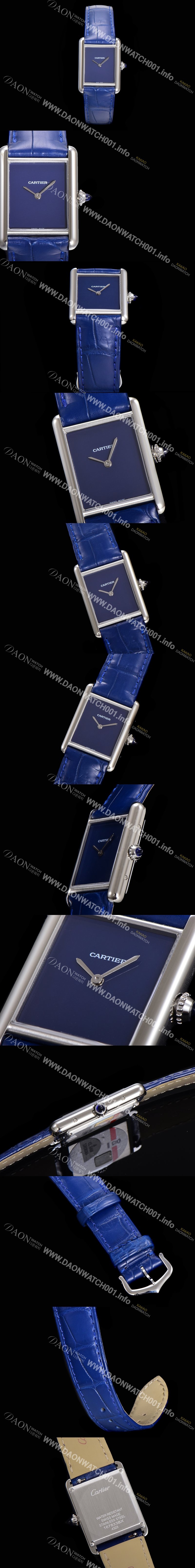 레플리카 [까르띠에] 여성용 탱크 머스트 WSTA0054 로마 인덱스 33.7mm 블루 다이얼 악어가죽줄 쿼츠 무브먼트 CAR00576