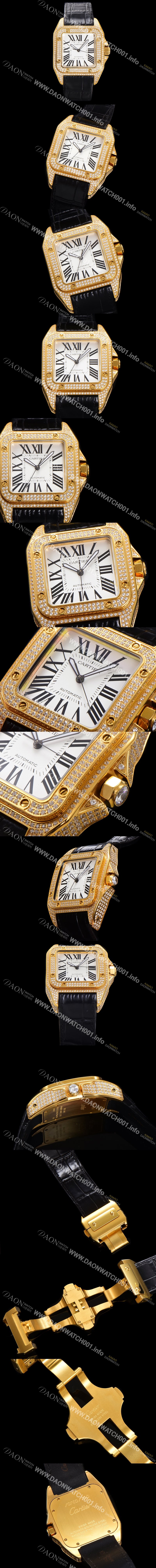 레플리카 [까르띠에] 산토스 100 오토매틱 ETA2824-2 타입 18k 옐루골드/보석시계 남성용 51mm 가죽줄 화이트 다이얼 car69316