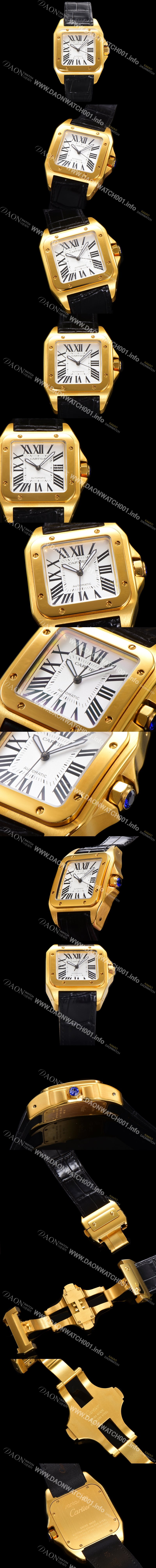 레플리카 [까르띠에] 산토스 100 오토매틱 ETA2824-2 타입 18k 옐루골드 남성용 51mm 가죽줄 화이트 다이얼 car69317