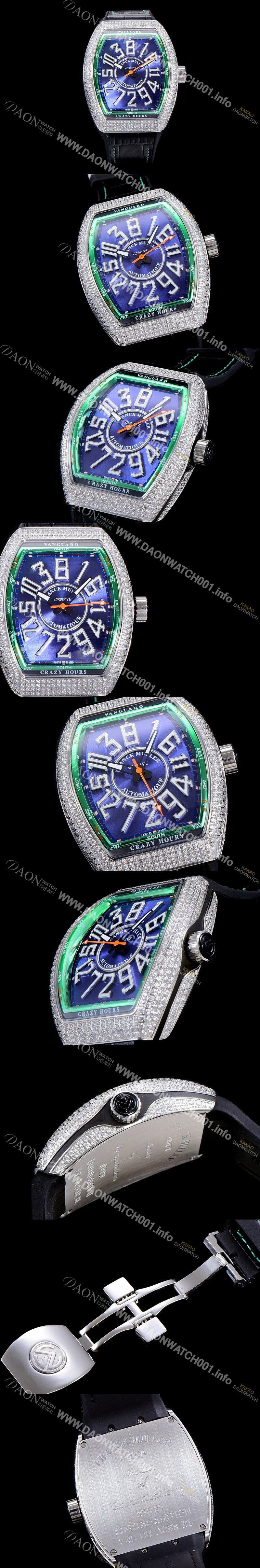 레플리카 [프랭크뮬러] 남성용 뱅가드 오토매틱 CZ02타입 44미리 보석/큐빅 셋팅 가죽줄/스트랩 블루다이얼 FRA73741