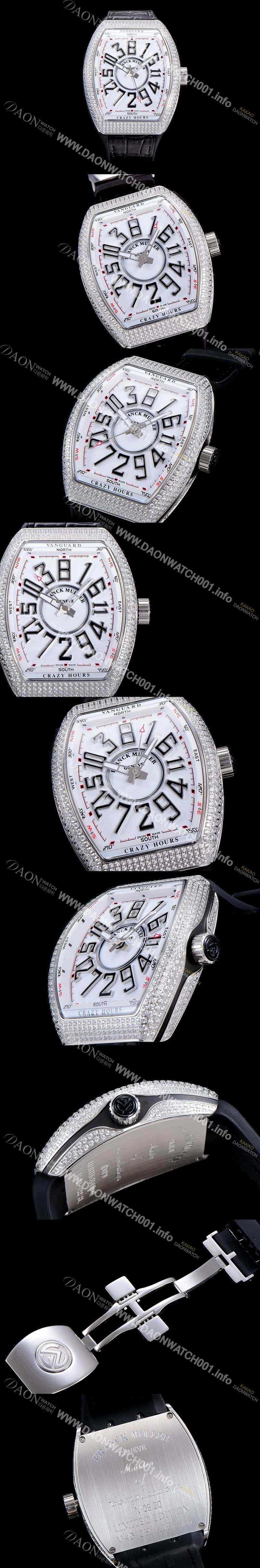 레플리카 [프랭크뮬러] 남성용 뱅가드 오토매틱 CZ02타입 44미리 보석/큐빅 셋팅 가죽줄/스트랩 화이트다이얼 FRA73768