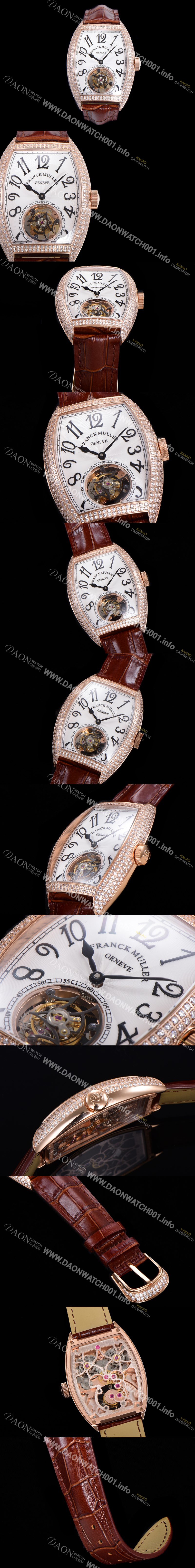 레플리카 [프랭크뮬러] 남성용 그랜드 컴플리케이션 보석/다이아 셋팅 뚜르비용 18K 로즈골드 가죽줄 화이트다이얼 FRA70328