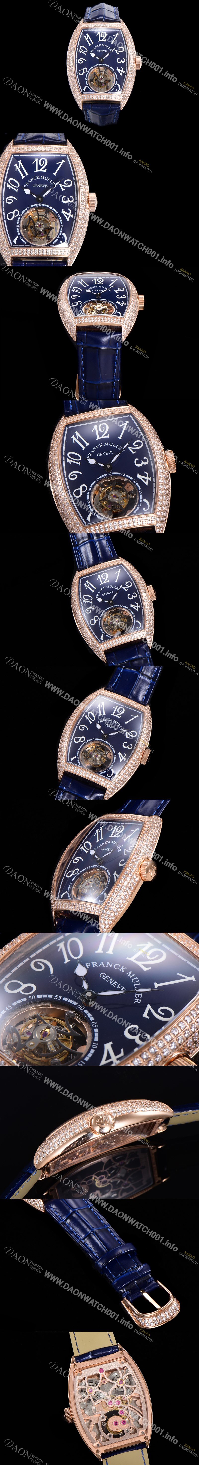 레플리카 [프랭크뮬러] 남성용 그랜드 컴플리케이션 보석/다이아 셋팅 뚜르비용 18K 로즈골드 가죽줄 블루다이얼 FRA70347