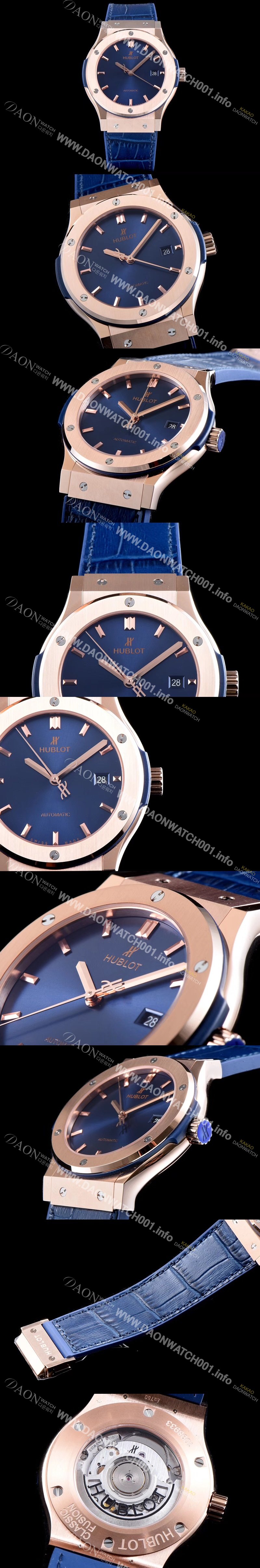 레플리카 [휴블렛] 남성용 클레식 퓨전 511.OX.7180.LR 데일리워치 심플하고 클래식한 타입!! 18k 로즈골드 케이스 블루 썬더스트 다이얼 블루 레더스트랩 오토매틱 무브먼트 HUB0240