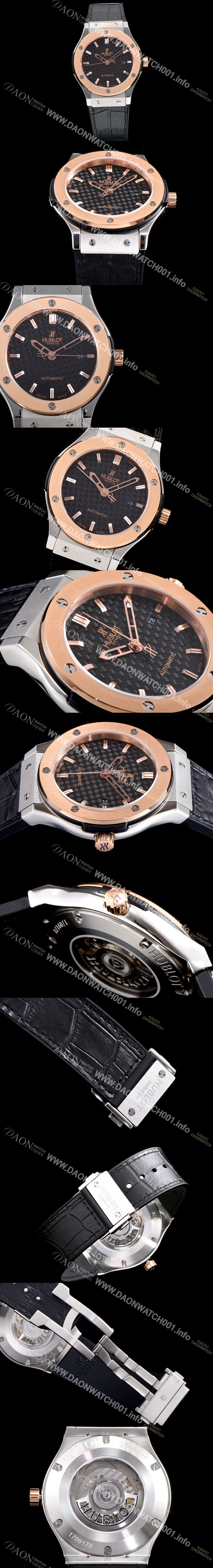 레플리카 [휴블렛] 남성용 클레식 퓨전 511.NO.1180.LR 18K 로즈골드 투톤콤비 케이스 블랙 텍스쳐드 다이얼 오토매틱 무브먼트 HUB0200