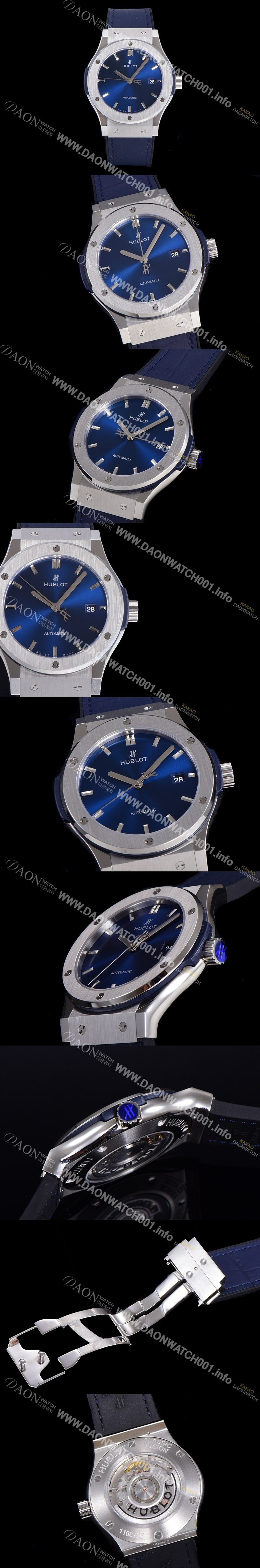 레플리카 [휴블렛] 남성용 클래식 퓨전 45미리 오토매틱 9015 타입 가죽/러버 믹스 블루다이얼 HUB73483