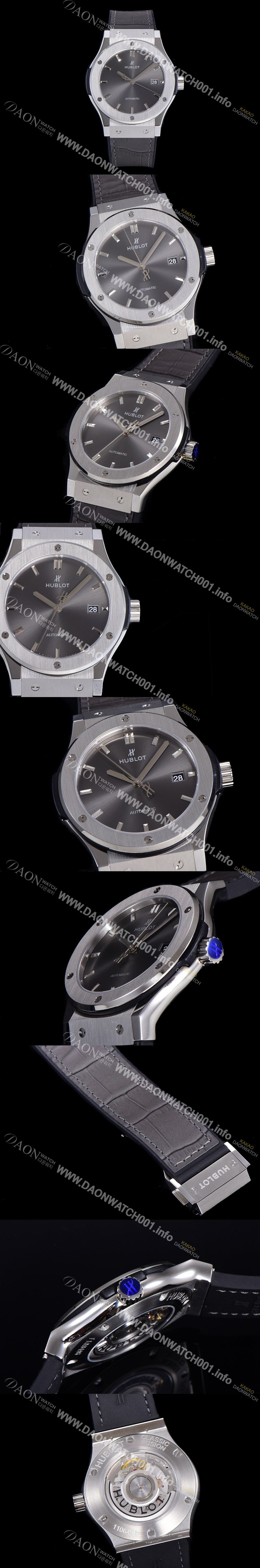 레플리카 [휴블렛] 남성용 클래식 퓨전 45미리 오토매틱 9015 타입 가죽/러버 믹스 그레이다이얼 HUB73512