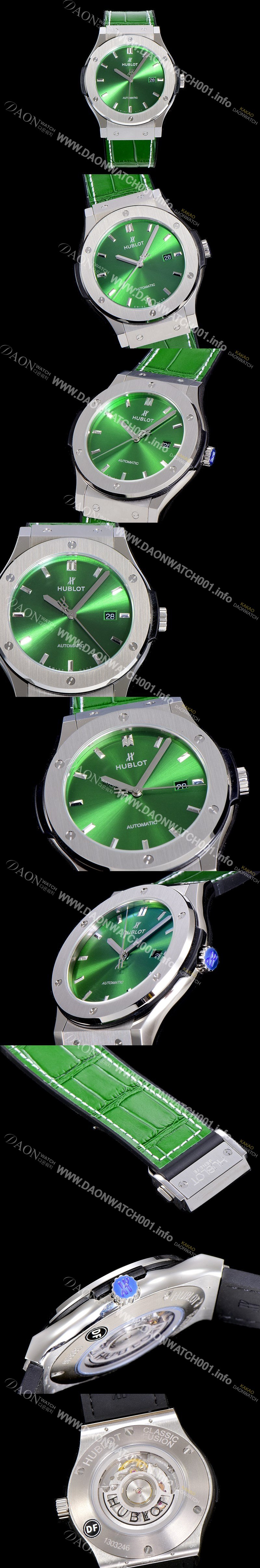 레플리카 [휴블렛] 남성용 클래식 퓨전 45미리 오토매틱 9015 타입 가죽/러버 믹스 그린다이얼 HUB73559