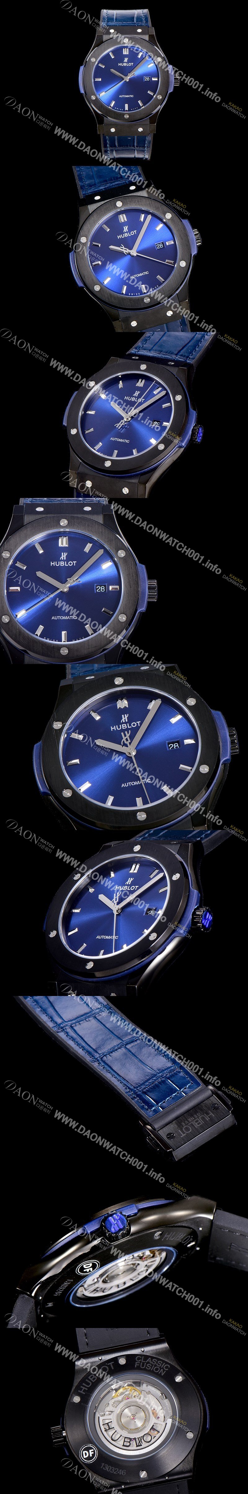 레플리카 [휴블렛] 남성용 클래식 퓨전 45미리 블랙 PVD코팅오토매틱 9015 타입 가죽/러버 믹스 그린다이얼 HUB73568