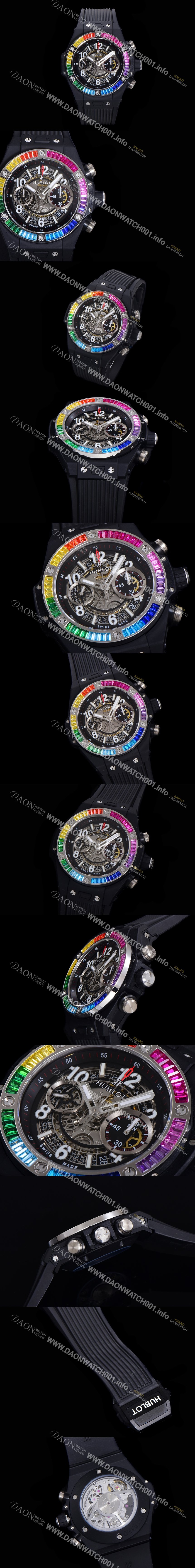 레플리카 [휴블렛] 남성용 빅뱅 유니코 45mm 오토매틱 HUB1280 타입  PVD재잴 다이아몬드 베젤 러버줄 스켈래톤 다이얼  hub1952