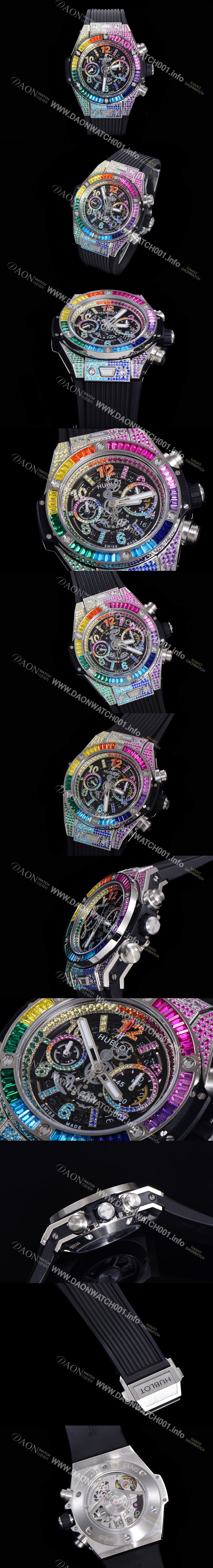 레플리카 [휴블렛] 남성용 빅뱅 유니코  45mm 오토매틱 HUB1280 타입 다이아몬드 풀케이스 러버줄 스켈래톤 다이얼  hub2123