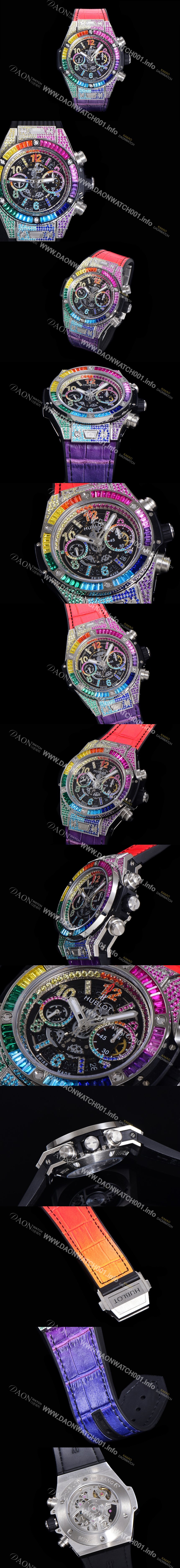 레플리카 [휴블렛] 남성용 빅뱅 유니코 45mm 오토매틱 HUB1280 타입 다이아몬드 풀케이스 러버줄 스켈래톤 다이얼  hub5125