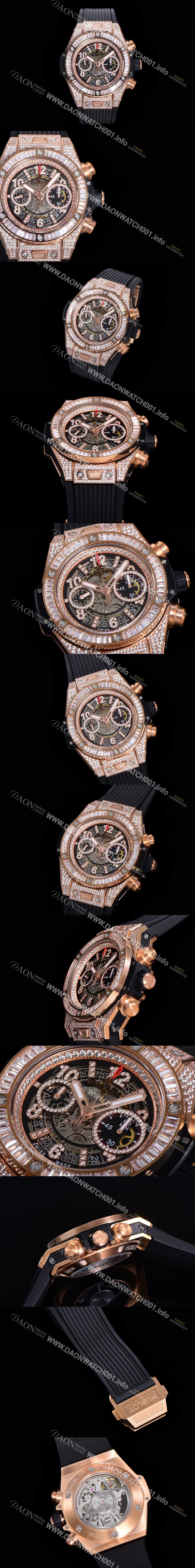 레플리카 [휴블렛] 남성용 빅뱅 유니코 45mm 오토매틱 HUB1280 타입 18K 로즈골드/다이아몬드 풀케이스 러버줄 스켈래톤 다이얼  hub3259