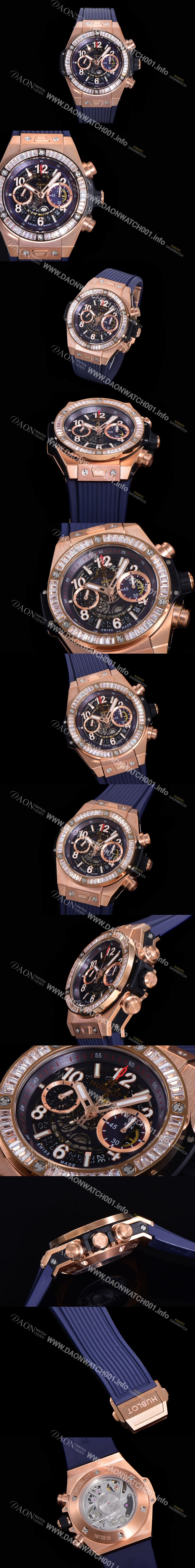 레플리카 [휴블렛] 남성용 빅뱅 유니코  45mm 오토매틱 HUB1280 타입 18K 로즈골드/다이아몬드 베젤 러버줄 스켈래톤 다이얼  hub9191