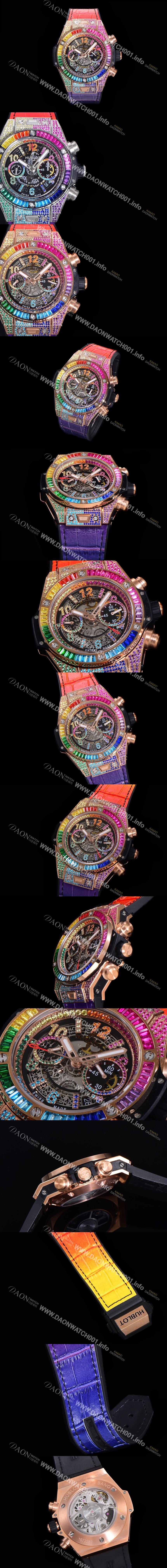 레플리카 [휴블렛] 남성용 빅뱅 유니코  45mm 오토매틱 HUB1280 타입 18K 로즈골드/다이아몬드 풀케이스 러버줄 스켈래톤 다이얼  hub2151