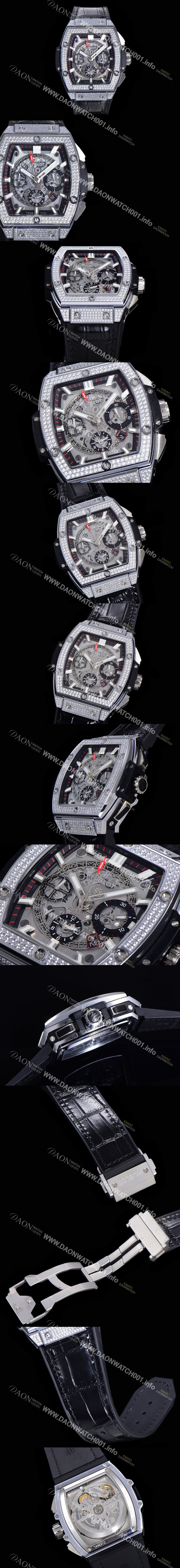 레플리카 [휴블렛] 남성용 스피릿 빅뱅 마스터피스 크로노그래프 Hub4700타입 45mm 다이아몬드 셋팅 가죽줄 스켈래톤다이얼 hub3199