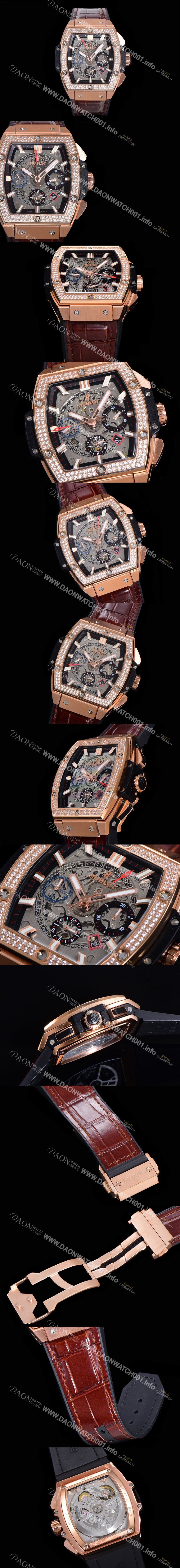 레플리카 [휴블렛] 남성용 스피릿 빅뱅 마스터피스 크로노그래프 Hub4700타입 45mm 18K로즈골드/다이아몬드 셋팅 가죽줄 스켈래톤다이얼 hub9351