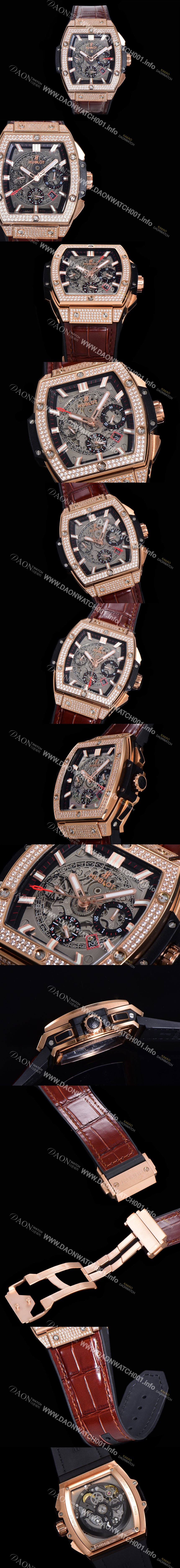 레플리카 [휴블렛] 남성용 스피릿 빅뱅 마스터피스 크로노그래프 Hub4700타입 45mm 18K로즈골드/다이아몬드 셋팅 가죽줄 스켈래톤다이얼 hub2191