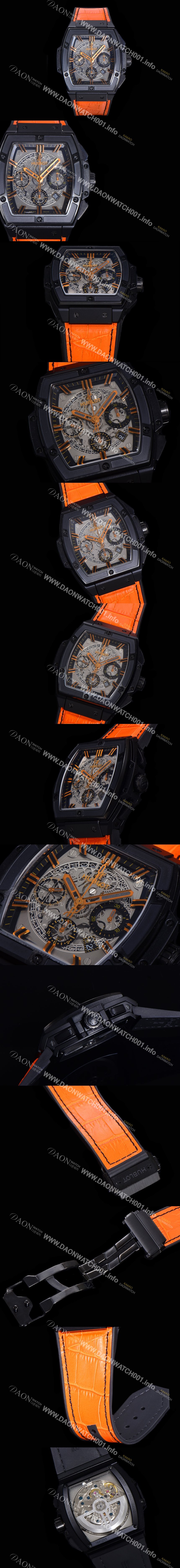 레플리카 [휴블렛] 남성용 스피릿 빅뱅 마스터피스 크로노그래프 Hub4700타입 45mm 가죽줄 PVD코팅 스켈래톤다이얼 hub9121